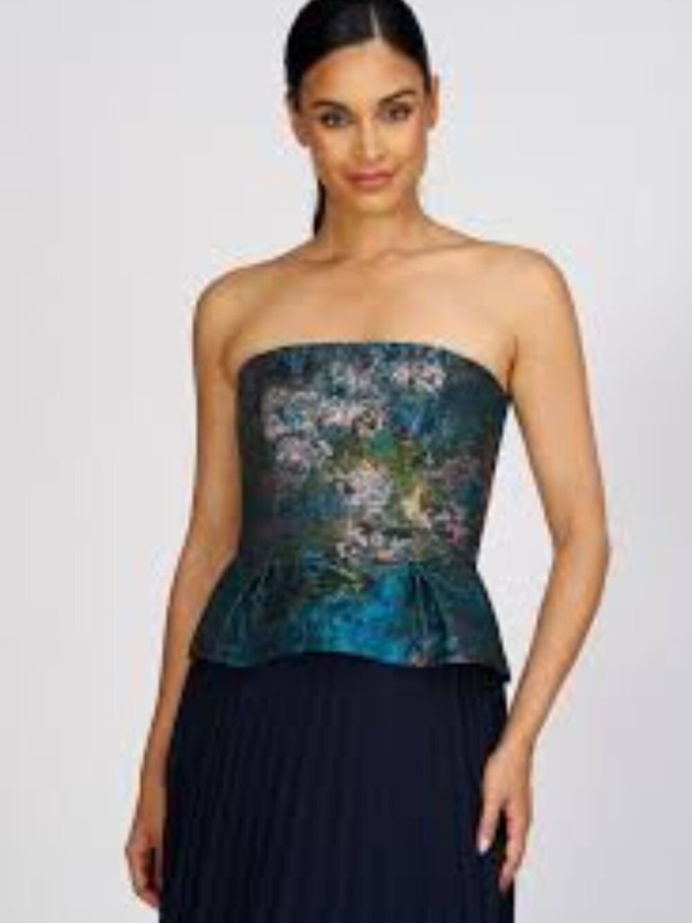 Kay Unger Giannina navy blue pleat skirt bustier brocade midi dress size 14